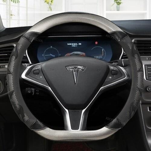 D shape For Tesla Model 3 2017 2018 2019 2020 Car Steering Wheel Cover Non-slip Leather + Carbon Fiber Auto interior Accessories