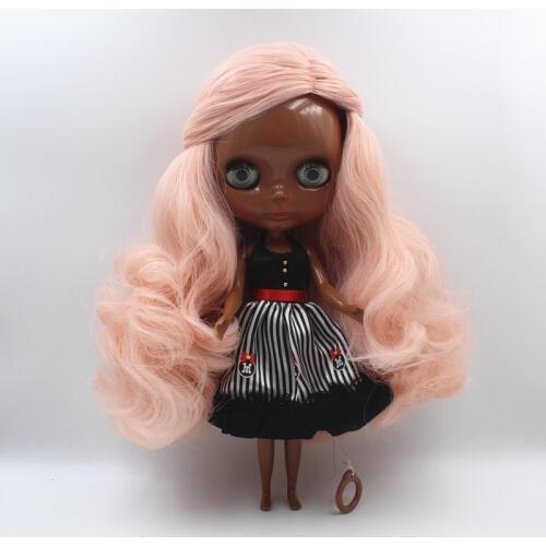 Blyth DollPink slanted liu sea curly hair deep black skin nude doll common body 7 joint body DIY doll can replace scalp new skin