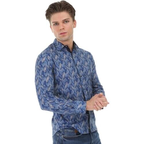 Leaf Pattern Blue Button Down Men Shirts Cotton Stand Collar Long Sleeve Casual Oxford Flannel Man Fashion 2021 Shirts Daily