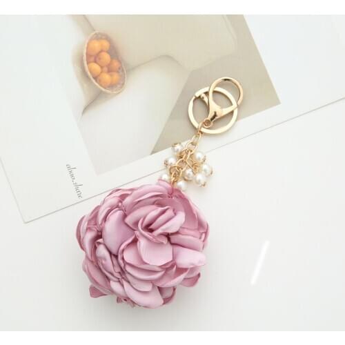 Fashion Rose Shape Cloth Flower Ball Key Chain Key Ring Holder for Women Bag Pearl Car Pendant Jewelry Gifts Trinket EH1005