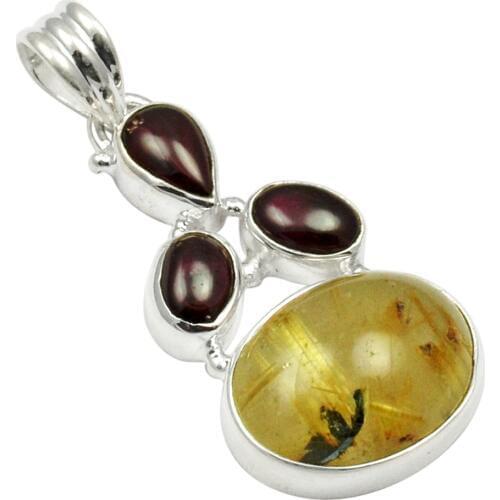 Nature Golden Rutile + Rubellite Pendant 925 Sterling Silver, 38 mm, AP4219