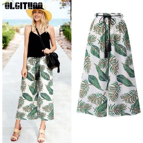 New 2020 Female Summer Floral Wide Leg Pants Thin Section High Waist Loose Printed Casual Nine Large Size Pants PT251