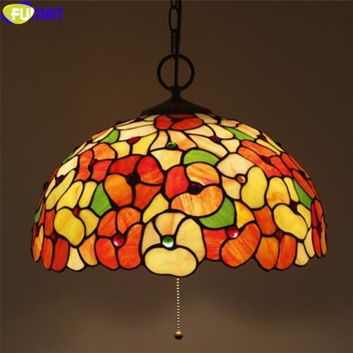 FUMAT Blue Red Pink Orchid Tiffany Pendant Lamp Multi Color Stained Glass Vine Hanging Light Fixture Handicraft Decor Lamps 16"