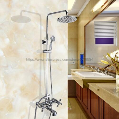 Polished Chrome Rainfall Shower Set Faucet + Tub Filler Tap + Handheld Shower Wall Mounted 8" Rain Showerhead Ncy323