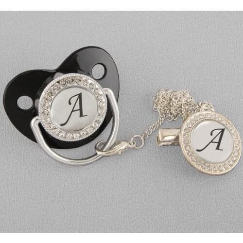 Silver 26 Name Initial Letters Black Baby Pacifier With Clip Bling Luxury Infant Soother Chupeta Sucette Dummy Silicone Nipples