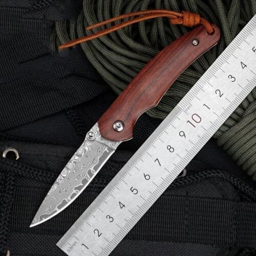 Damascus Steel Sharp Blade Folding Gift Collection Knife Natural Wood Handle Easy Carry Tactical Pocket Outdoor EDC Tools