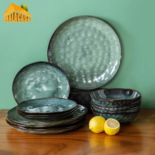 VANCASSO Starry 12/24/36-Piece Dinner Set Vintage Look Ceramic Green Stoneware Tableware Set with Dinner,Dessert Plate,Bowl