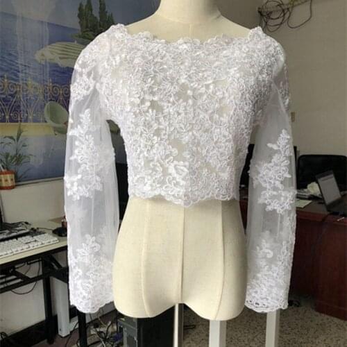 Vintage Real Image Wedding Jackets White Ivory Bridal Bolero Lace Applique V Back Long Sleeve coop Neck Custom Size Wraps Jacket