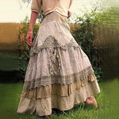Kalenmos 5XL Plue Size New Woman Skirts Retro Palace Style Stitching Lace Large Swing and Floor Gothic Long Skirt Woman