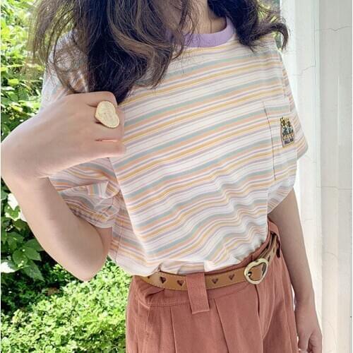 Women white Tops casual Japanese style lovely Embroidered rainbow stripes Short sleeve t shirt album accessory Tees top tshirts