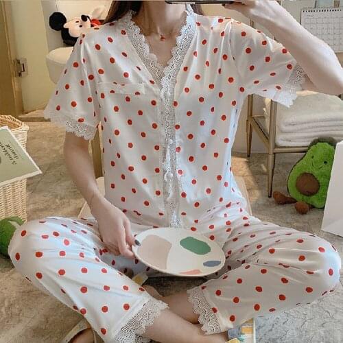 Womens pajamas Short Sleeve Trousers Ladies Sleepwear Suit Lace Printed Silk Cardigan Sweet Polka Dot Outside 2 PCS Homewear