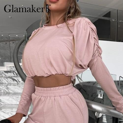 Glamaker Womens tracksuits casual pants sets Dolman sleeve sweatshirts top Elastic waist harem pants Loose pink sportwear sets
