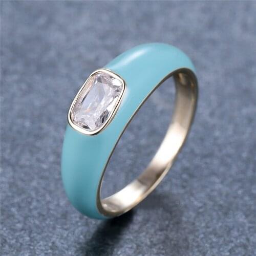 Simple Female Blue Pink Green Enamel Ring Cute Gold Color Wedding Band Vintage Square Zircon Stone Engagement Rings For Women