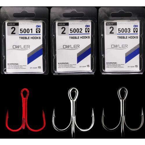 15pcs/box 3 colors owner treble Hooks Size 1#-14# Round Bent Treble Saltwater Bass Steel Fishhooks solid Triple Hooks