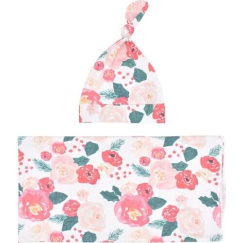 2021 New 2 Pcs Baby Floral Receiving Blanket+Beanie Cap Infants Swaddle Wrap Turban Hat
