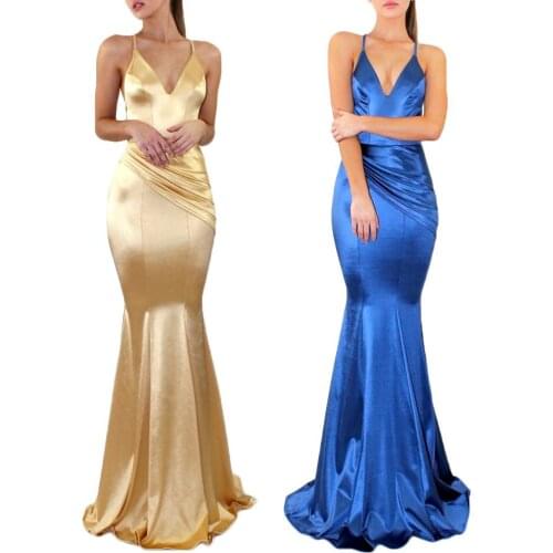 2021 Spring Summer Elegant Dresses Women Sexy Spaghetti Strap Deep V Neck Solid Color Backless Fishtail Party Dress Vestidos