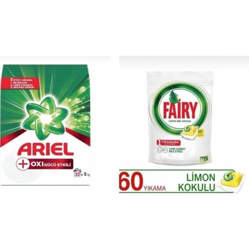 5kg Ariel Oxi Power Detergent + Fairy All In One 60 Wash Tablet