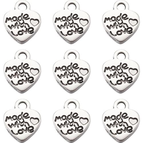 50pc Heart Tibetan Style Pendants Valentines Day Gift Heart with Made with Love For Jewelry Pendants DIY Making For Lover