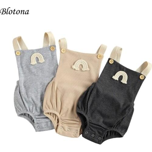 Blotona Baby Rainbow Embroidery Bodysuit Infant Sleeveless Suspender Ribbed Romper Square Collar Button Decoration Clothes 0-18M