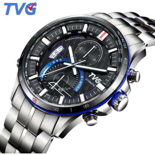 TVG Mens Watches Top Brand Luxury Quartz Watch Men Business Casual Stainless Steel Waterproof Sports Watch Relogio Masculino