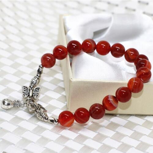 Factory outlet bracelet natural red veins agat stone onyx carnelian 8mm beads Tibet silver-color buddha pendant 7.5inch B2078