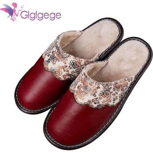 Glglgege Genuine Leather Home Slippers for Men Winter Warm Plush Slippers Bedroom Genuine Leather Unise women House Indoor Shoes
