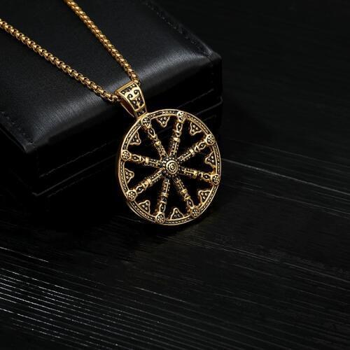 Trendy 316L Stainless Steel Hollow Necklaces Gold Long Chain Cross Choker Jewelry for Men Women Bff Sun Wheel Pendant Necklace