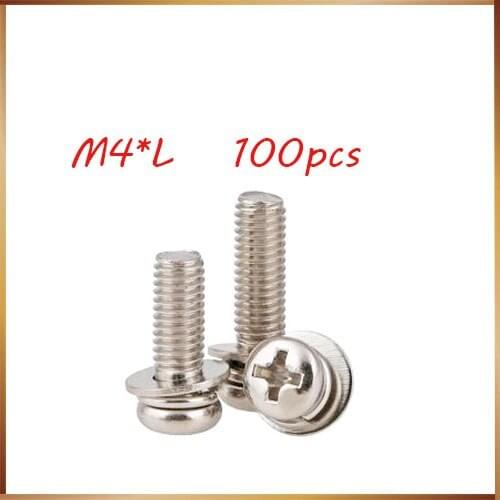 100pcs M4*6/8/10/12/14/16/20/25/30/35/40/45/50/55 Stainless Steel three parts Pan Head Combination screw