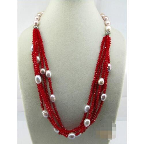 Beautiful Wonderful Red Crystal with Fresh Water Pearls Wedding&Party Necklace18"