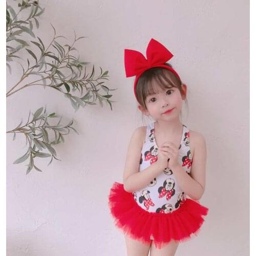 Disney Swimsuit+Hat Toddler Red Swimwear Bikini Princess Minne Swimsuit Girls Bath Beach Mesh Swimwear