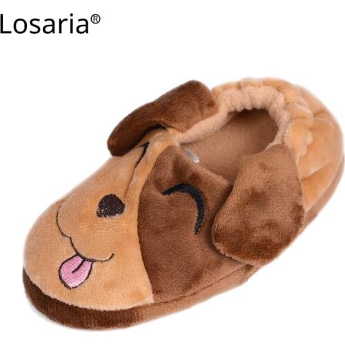 Losaria Plush Slippers For Children Boys with Fur Winter Keep Warm Fashionable Anti-slip Dog Cartoon Solid Home Shoe 14.5-18.5cm