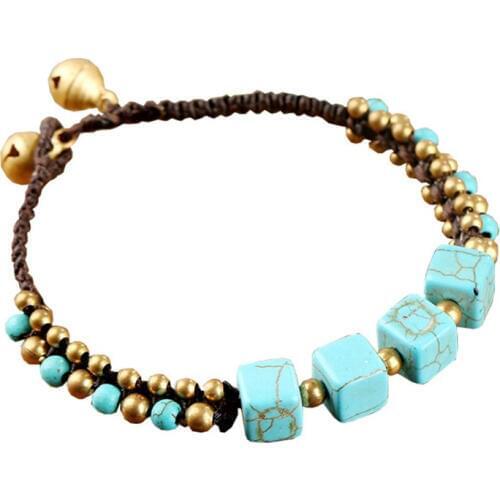 Copper Handmade Weave Stackable Geometric Green Turquoises Stone Elastic Bracelet Ethnic Style Jewelry