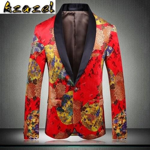 Azazel Mens Blazer Luxury Red Printing Velvet Prom Blazers Men Plus Size 5xl Blazer Masculino Slim Party Nightclub Male Blazer