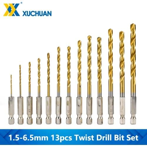 Twist Drill Bit Set TiN Coated 1.5-6.5mm Gun Drill Bit 13pc 1/4" Shank HSS Drilling For Power Drill Tool Woodworking Hole Cutter