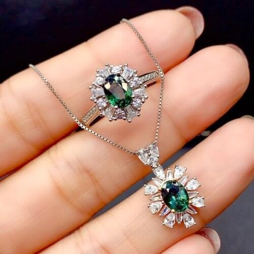 Jewelry Cute Sapphire Silver Ring for Party 5mm*7mm Natural Sapphire Ring Set Solid 925 Silver Sapphire Jewelry Set