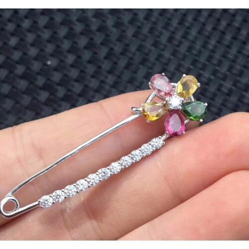 Natural tourmaline brooch, simple design, flower style, hot sale, 925 silver, high-end jewelry