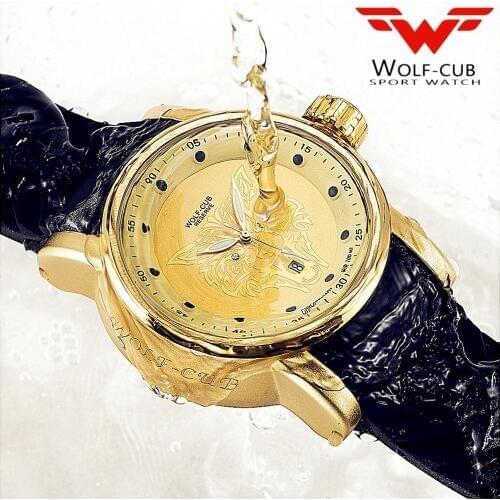Original design personalized sports gold watch man dial Wolf head Rhinestone Japan original calendar movement USA Wolf-cub