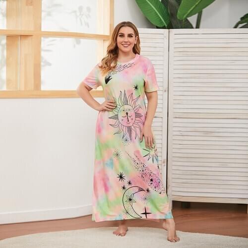 DOIB Large Size Sleepwear Print Sun Moon Women Symphony Dress Loose Homewear Plus Size Nighgowns Summer Dress 5XL