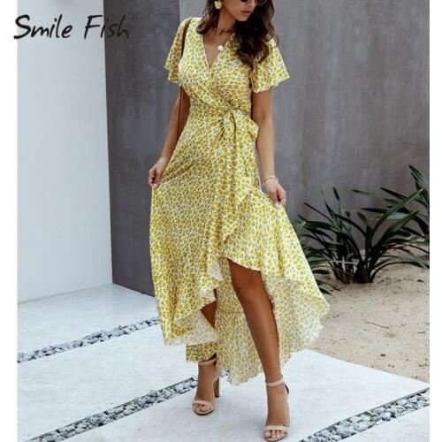 Maxi Dress Women V-Neck Boho Bow Holiday Beach Wrap Dresses Elegant Party Sundress Indie Folk Sexy2021 Summer Dress M0511