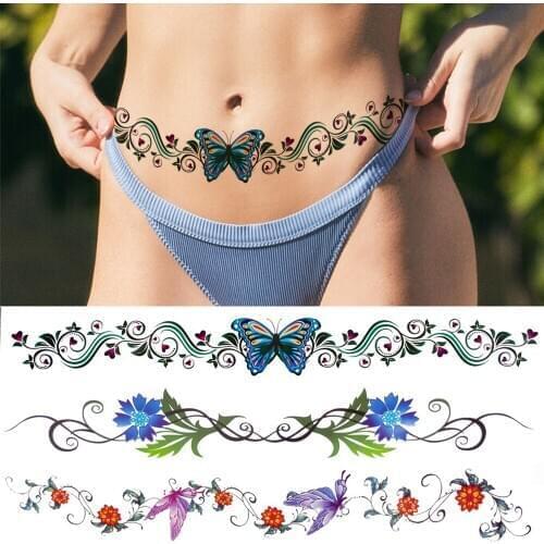 Realistic Fake Butterfly Temporary Tattoos For Women Girls Watercolor Vines Flower Tattoo Sticker Long Sexy Waist Tatoo Decal