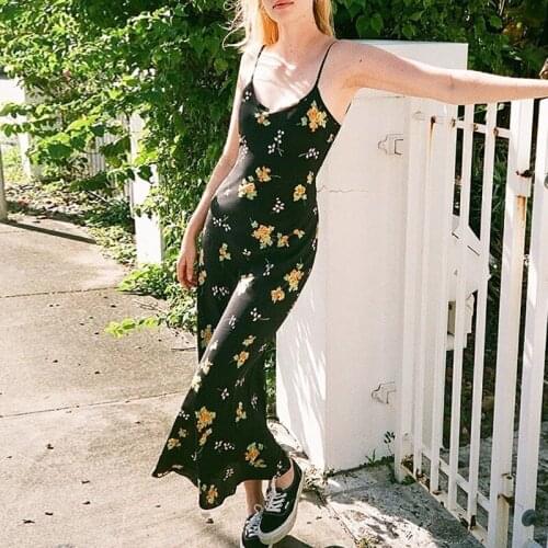 Flower Printed Maxi Dress Women Boho Sundress Spaghetti Strap Casual Slim Dresses Party Night Club Floral Black Dress Vestidos