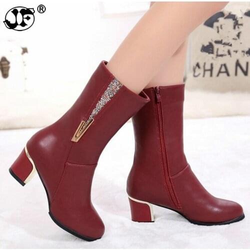 Warm Women Boots PU Leathe high heels Autumn Shoes woman Mid-Calf Boots Female Fashion Boots zipper Casual Boots mujer