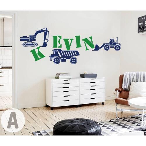 Custom Name Construction Truck Bulldozers Wall Sticker Boy Room Personalized Name Construction Crane Vehicles Wall Decal Vinyl