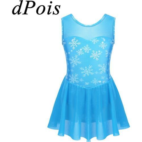 DPOIS Kids Girls Ballerina Ballet Dance Wear Costume Child Mesh Splice Snowflake Printed Skirt Gymnastics Leotards Tulle Dress