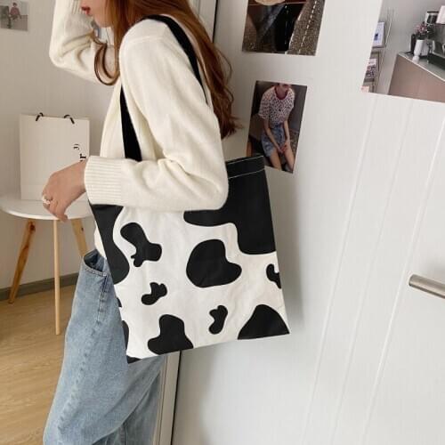 Cartoon Cow Print Women Canvas Tote Large Capacity Shoulder Bag Shopping Bags 20CA
