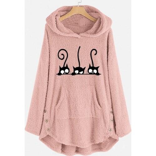 Hoodies Womens Sweatshirt Fleece Cat family Printed kawaii cap pullovers Plus Size Winter Warm Fluffy hooded Top Button moletom