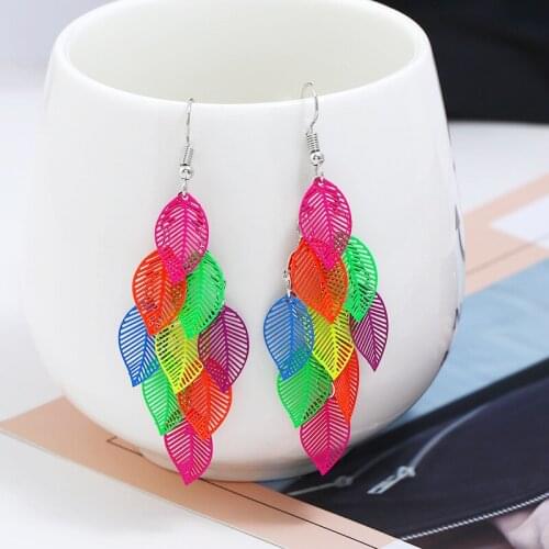 Women Fashion Hollow Leaf Bohemian Earrings Jewelry Stainless Steel Long Tree of Life Print Drop Dangle Earrings for Women Girls