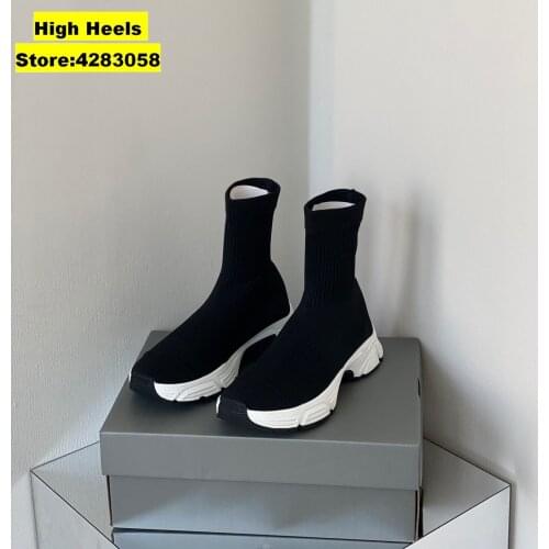 RunWay Casual Designer Womens Shoes Black knitting Elasticity Genuine Leather slip on Breathable Thick Sole Casual Boots