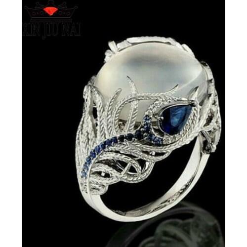 Opal Fashion Blue Zircon Flower Moonstone Rings For Women European Creative Vintage Feather Ring Wedding Jewelry Gifts Anel