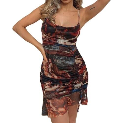 Print Bodycon Dress Women Ruffle Clubwear Sexy Sundress Ladies Sleeveless Strap Low Cut Split Short Mini Beach Vestidos